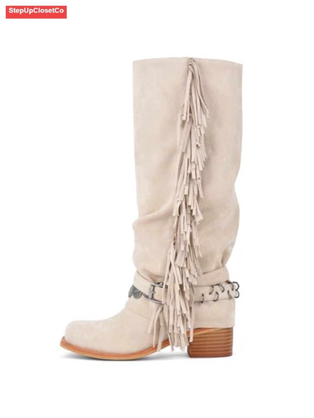 Knee High Riding Boots Fringe Buckle Chunky Heel Square Toe Pull-On